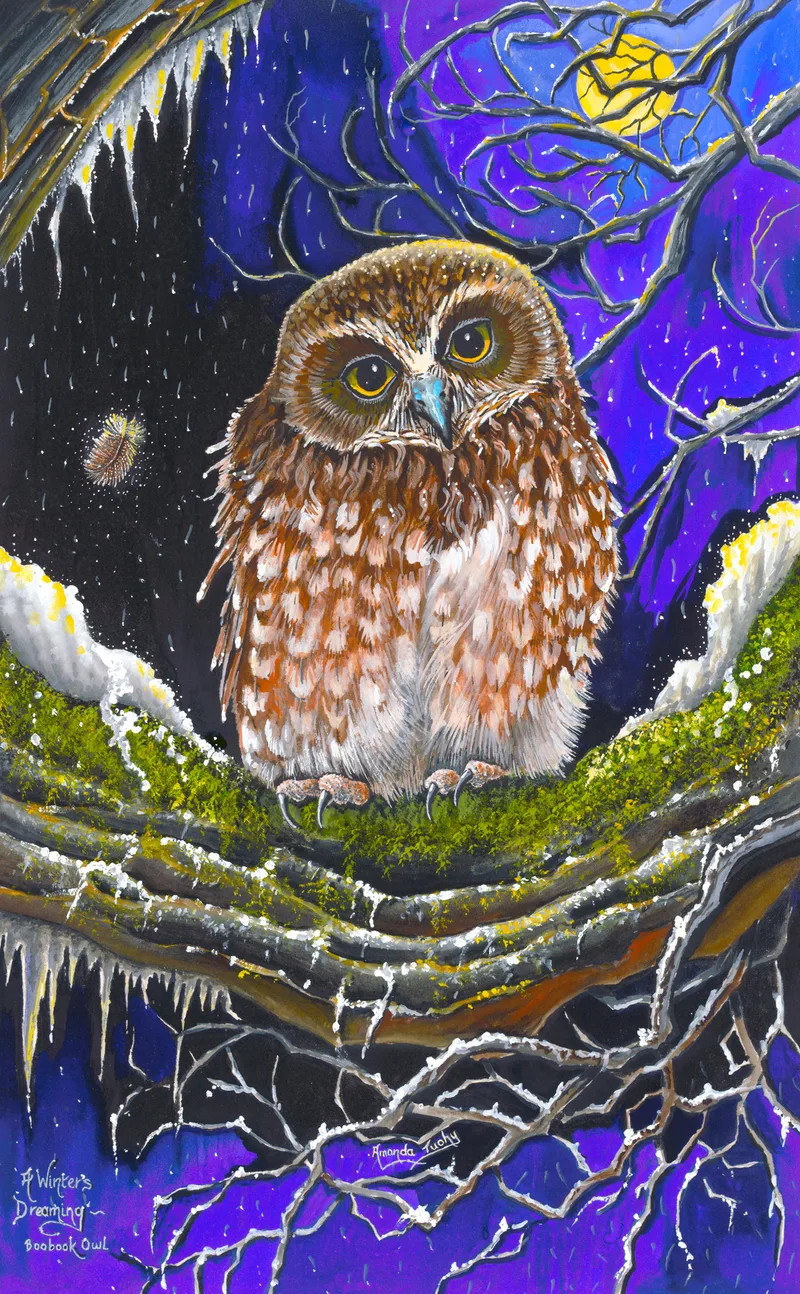 A small boobook owl with wide yellow eyes perches in a mossy hollow under a full moon, with snow and icicles around it.